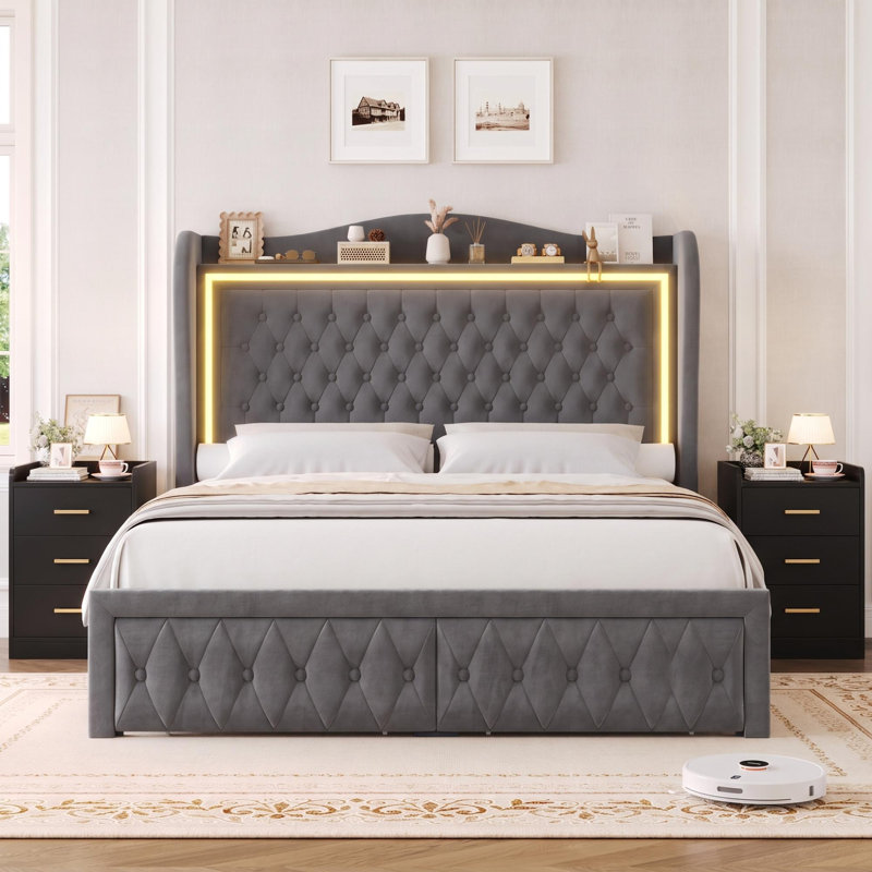 Ensemble de chambre à coucher 3 pièces, lit tapissier avec 2 tables de chevet avec 3 tiroirs et chargement USB, taille compacte pouvant servir de tables d'appoint