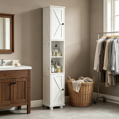 Armoire de rangement haute et étroite de style campagnard, armoire à linge autoportante avec étagères ajustables