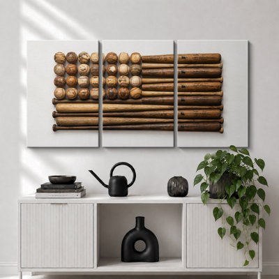 Classic Baseball Bats and Balls Display Artwork, Sports Room Pictures, Framed Canvas Giclee Print 3 Pieces Wall Art