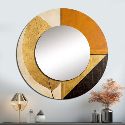 Golden Geometric Leaves Foliage III - miroir mural à feuilles, miroir décoratif rond doré, impression d'art en métal