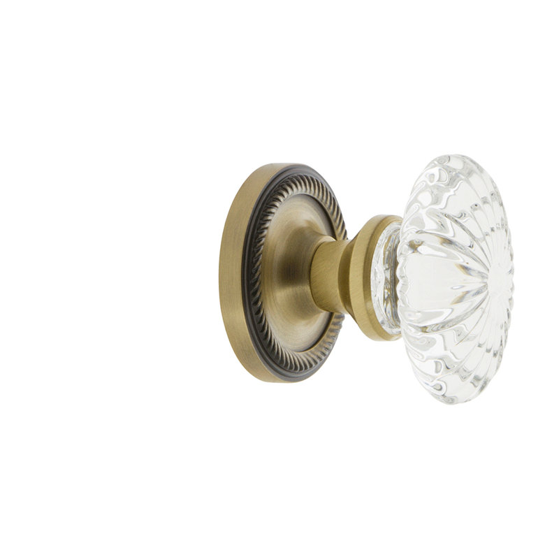 Rope Rosette with Oval Fluted Crystal Door Knob, Antique Brass, 2-3/4"