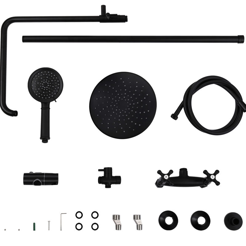 Matte Black Shower Gear With 8" Rainfall Head, 5 Handheld Spray & 2 Handle Brass Faucet Assembly In Black, 8 Inch