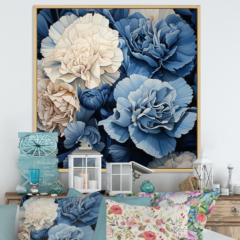 Arrangement mural œillets blancs et bleus VI - œillets, H 36 po x l 36 po x P 1,5 po, Cadre flottant naturel