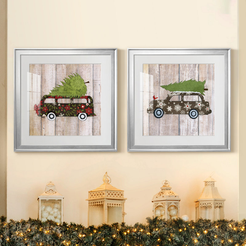 Classic Auto Christmas III - ensemble de 2 reproductions d'art encadrées, Blanc, Papier avec cadre argenté