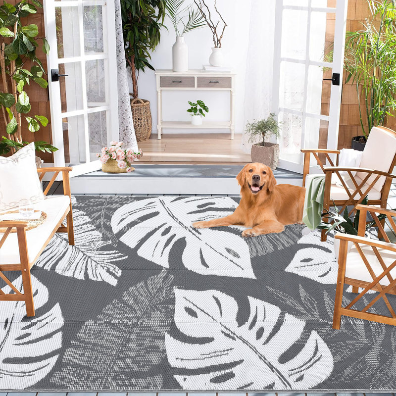 Outdoor Rug Large Plastic Straw Rug, Waterproof Woven Patio Rug, UV-Resistant Reversible Mat, Tropical Leaf Outside Carpet for Backyard, RV