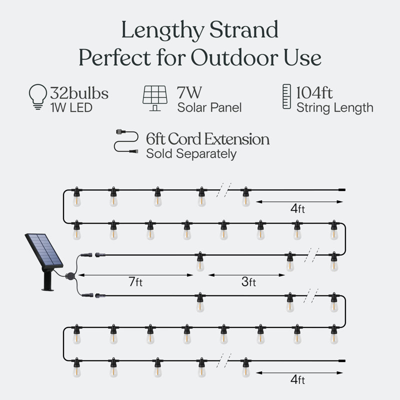 Ambience Pro 104 Ft Solar Powered Outdoor LED String Lights With Remote Control - 32 Bulbs, 7W Solar Powered Soft White Weatherproof Light