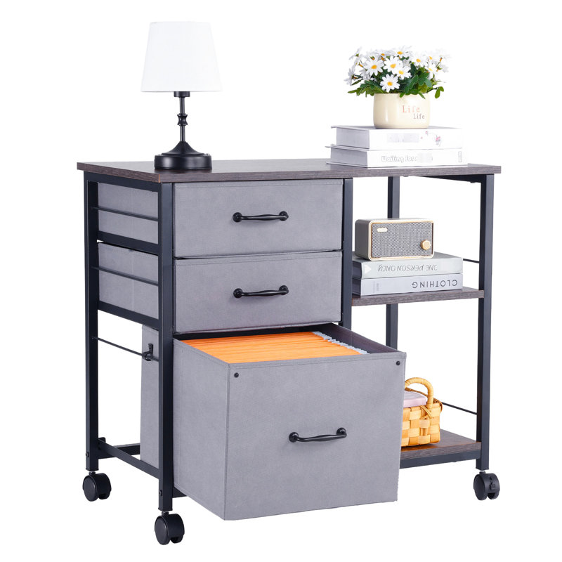 Classeur mobile avec 3 tiroirs en tissu et 2 tablettes ouvertes - Organisez des fournitures de bureau à structure stable et brune avec un espace de rangement spacieux pour la construction