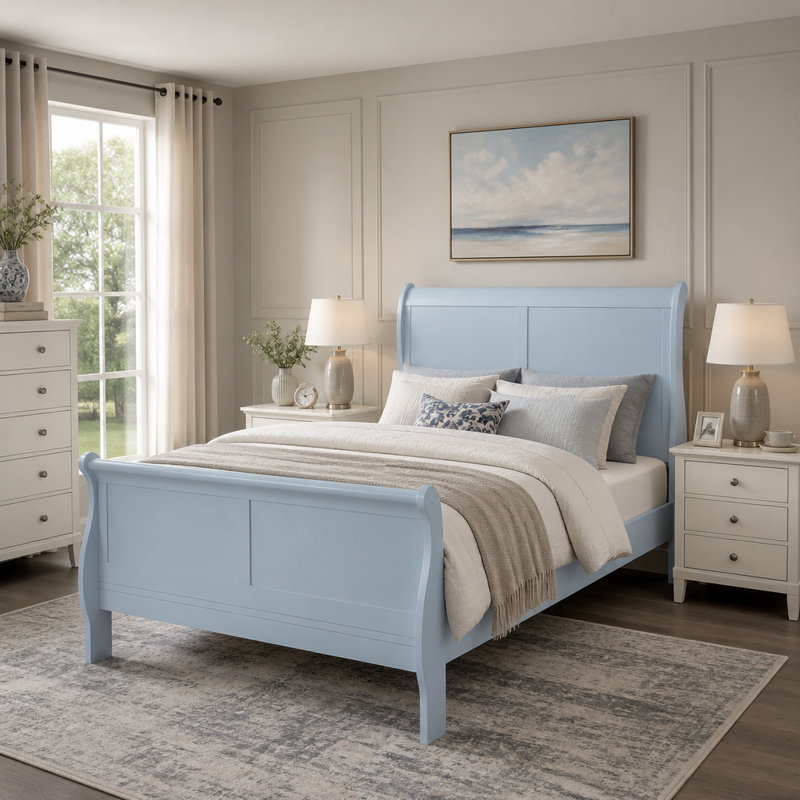 Lit traîneau Louis Philippe en bois massif pour enfant, alliant design élégant et construction durable pour un confort durable.