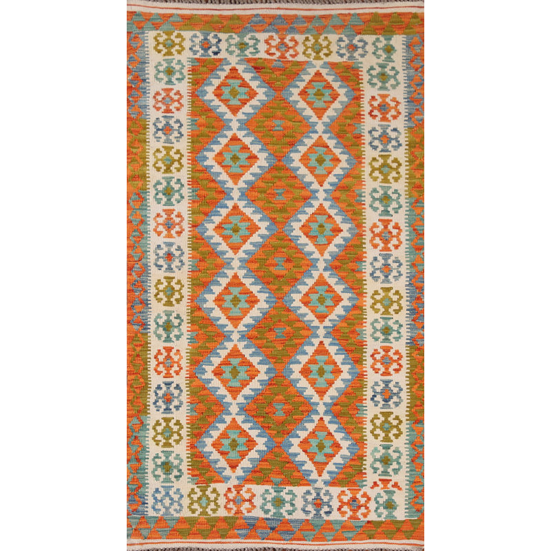 Geometric Kilim Reversible Wool Runner Rug 3x7