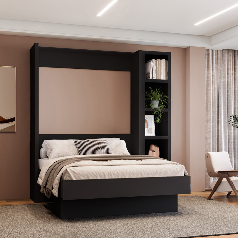 Easy-Lift Murphy Wall Bed with Bookshelf, Black, Full/Double