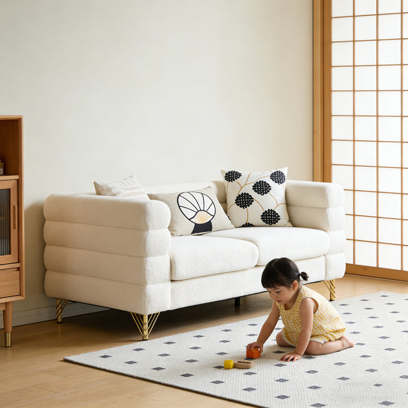 Canapé modulaire 60 pouces 2 places, canapé modulaire en tissu Comfort Teddy, assise douce avec 2 coussins pour le salon, la chambre à coucher, le bureau, blanc