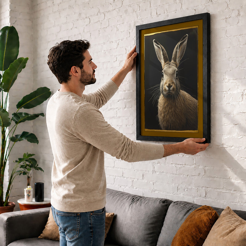Alert Hare Realism - Framed Print, A2 - 59.4 x 42.0 cm, Walnut
