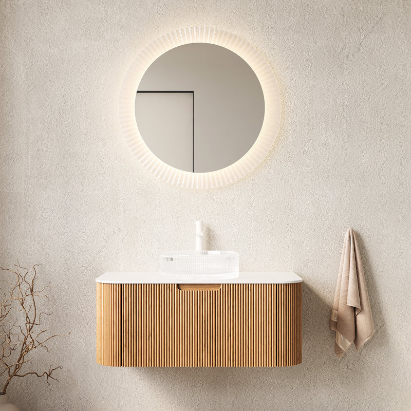 24" Wall - Mounted Bathroom Vanity With Crystal Glass Sink, Natural Cabinet, Easy To Maintain, Modern Design Basin, Drawer, Ample Storage Space