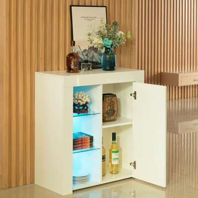 Basicwise Sideboard Buffet with 5 Storage Shelves - White, LED Light with USB Plug In, High Gloss Doors, 29.5"W x 13.75"D x 32.75"H - Modern, for Dining Room, Office, Organizer Cabinet