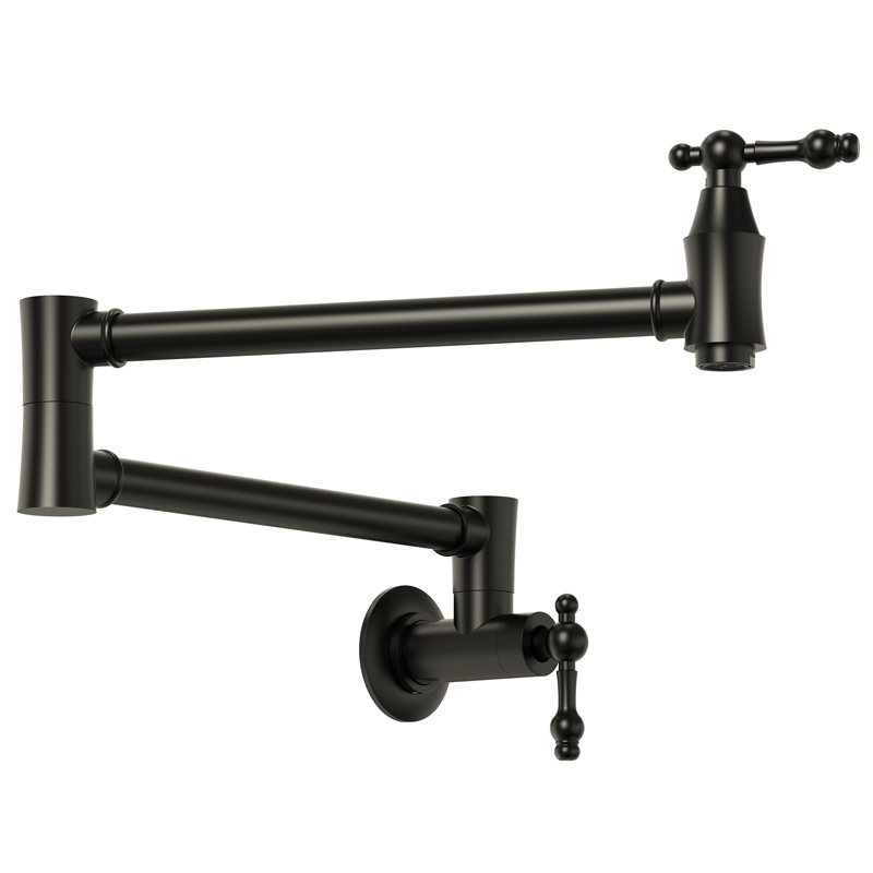 Wall Mount Swing Arm Folding Pot Filler Kitchen Faucet,  2-Handle Kitchen Faucet for Stove Use, Matte Black