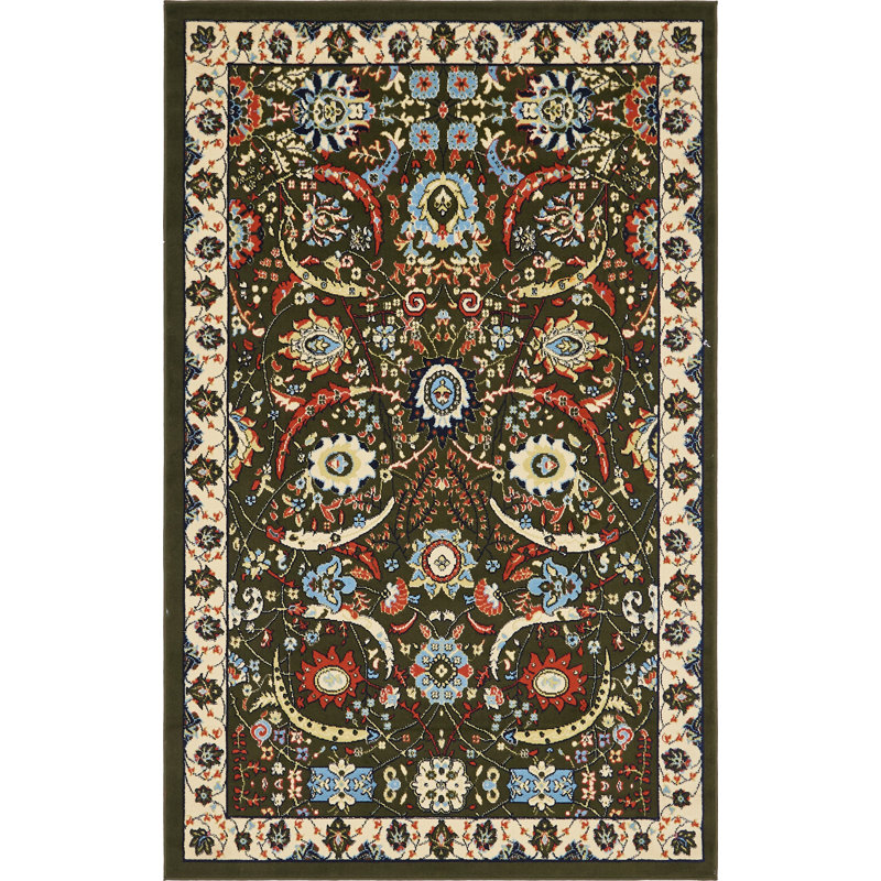 Tapis vert à motif floral Britannia, Rectangle 6 pi 1 po x 9 pi