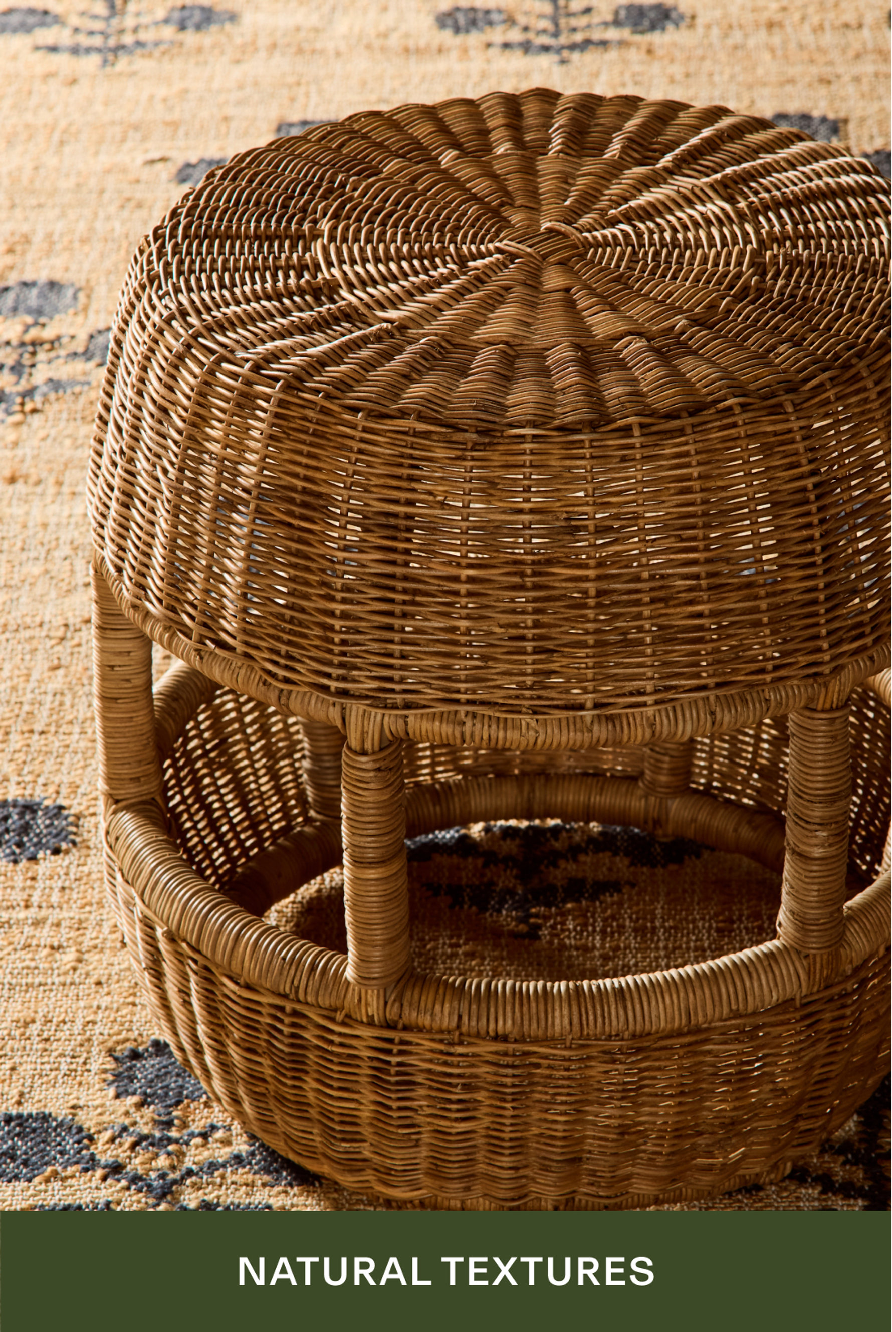 Natural Textures - wicker furniture piece with domed top on patterned area rug