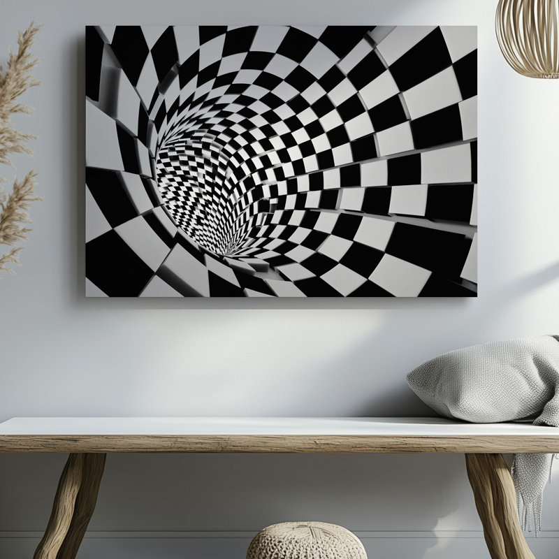 Toile, un tunnel hypnotisant composé de motifs alternatifs en damier noir et blanc créant un sentiment de profondeur et de mouvement