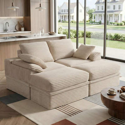 Causeuse modulaire surdimensionnée en velours côtelé de style Boneless de 70,8 po avec accoudoirs à oreilles, canapé-lit modulaire 4 pièces avec 2 repose-pieds, rangement sous le siège et 2 coussins pour le salon, assemblage facile