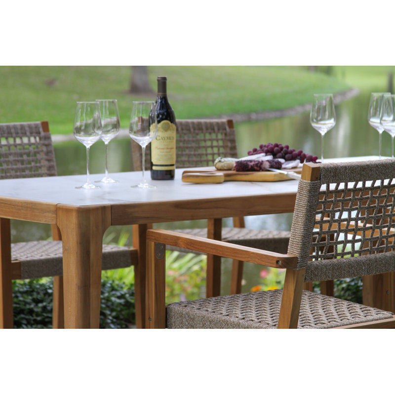 Cava 7 Pc. Teak Sintered Stone Dining Table With Rope Stacking Chairs, White/Gray