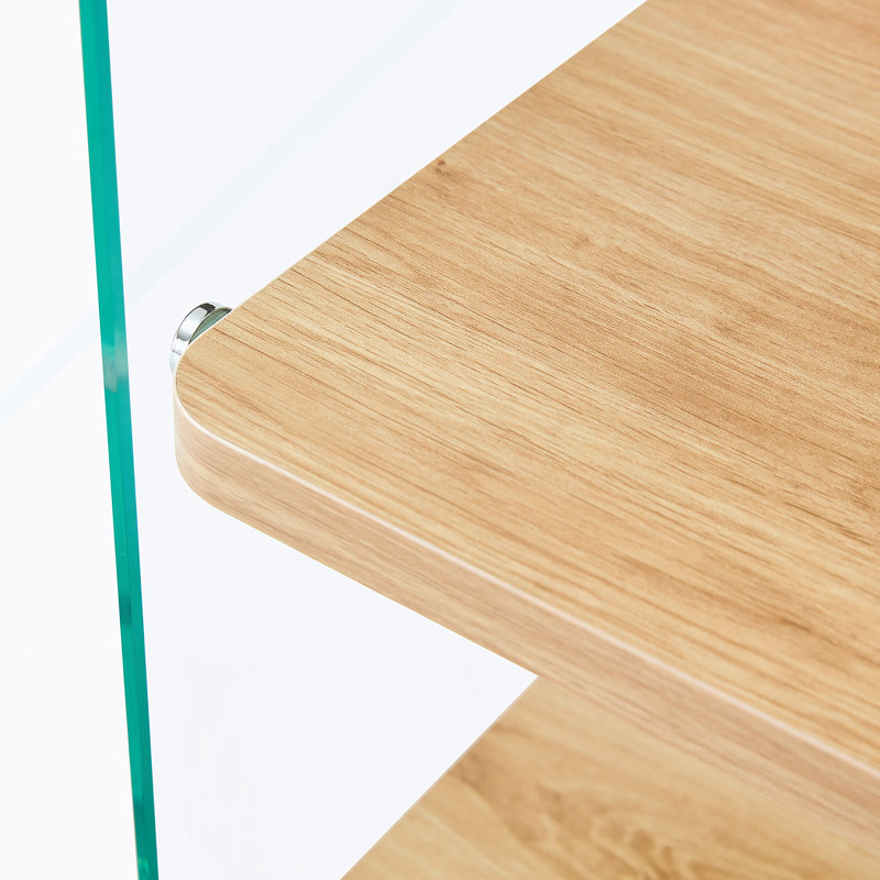 Trois niveaux de tables de chevet. La surface du panneau est en panneau de fibres à densité moyenne, avec des autocollants, et les deux côtés sont en verre trempé transparent. La conception est simple et généreuse, avec une fonction de rangement. 1