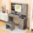Makeup Vanity with Sliding LED Mirror, Charging Station, Glass-Top Display, Dual Cabinets and Stool-1435297403