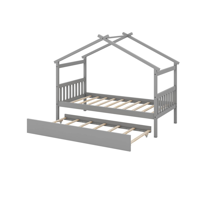 Lit simple en bois avec lit gigogne, Gris