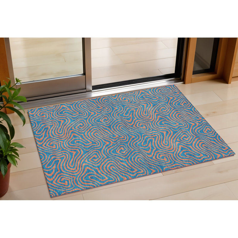 3' X 5' Teal Blue And Pink Abstract Washable Indoor Outdoor Area Rug