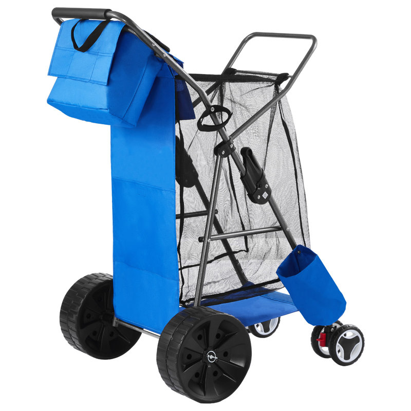 Chariot de plage, capacité de charge de 75 kg, dimensions : 78 x 64 x 106 cm, acier monobloc argenté et orange, roues de 25 cm et sac isotherme inclus.