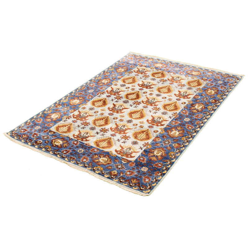 Tapis décoratif en viscose bleu/gris clair de conception unique 5 pi 6 po x 8 pi 1 po noué à la main New Age