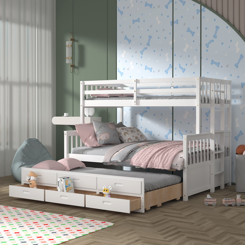 Genai Kids Twin Over Full Bunk Bed with Trundle with Drawers, White