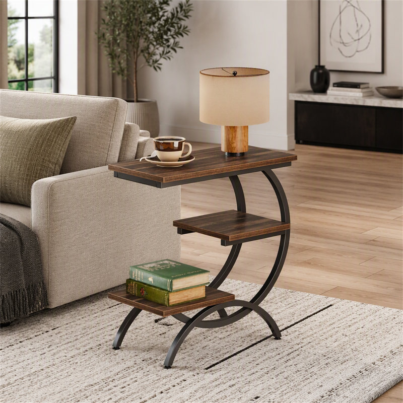 Table de bout en C, table d'appoint industrielle à 3 niveaux, Dark Brown / Black, Dark Brown