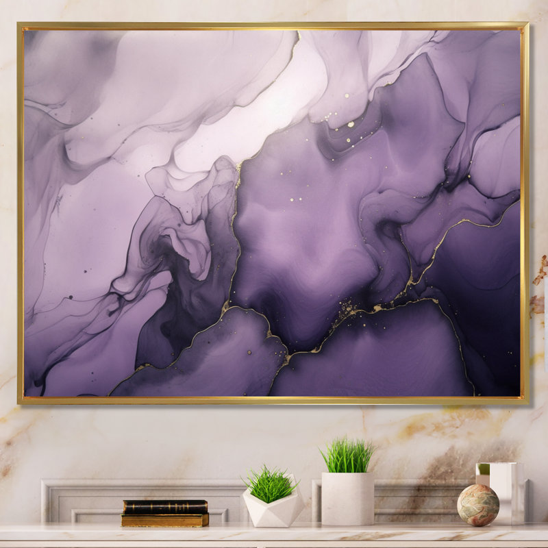 Mauve et gris, encre de marbre, nuages X, art mural fractales, H 24 po x l 32 po x P 1 po, Cadre flottant doré