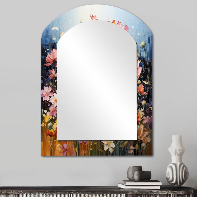 «Meadow Impressionistic Blooms Pointillism I - Meadow Arch, miroir mural asymétrique traditionnel, impression sur métal