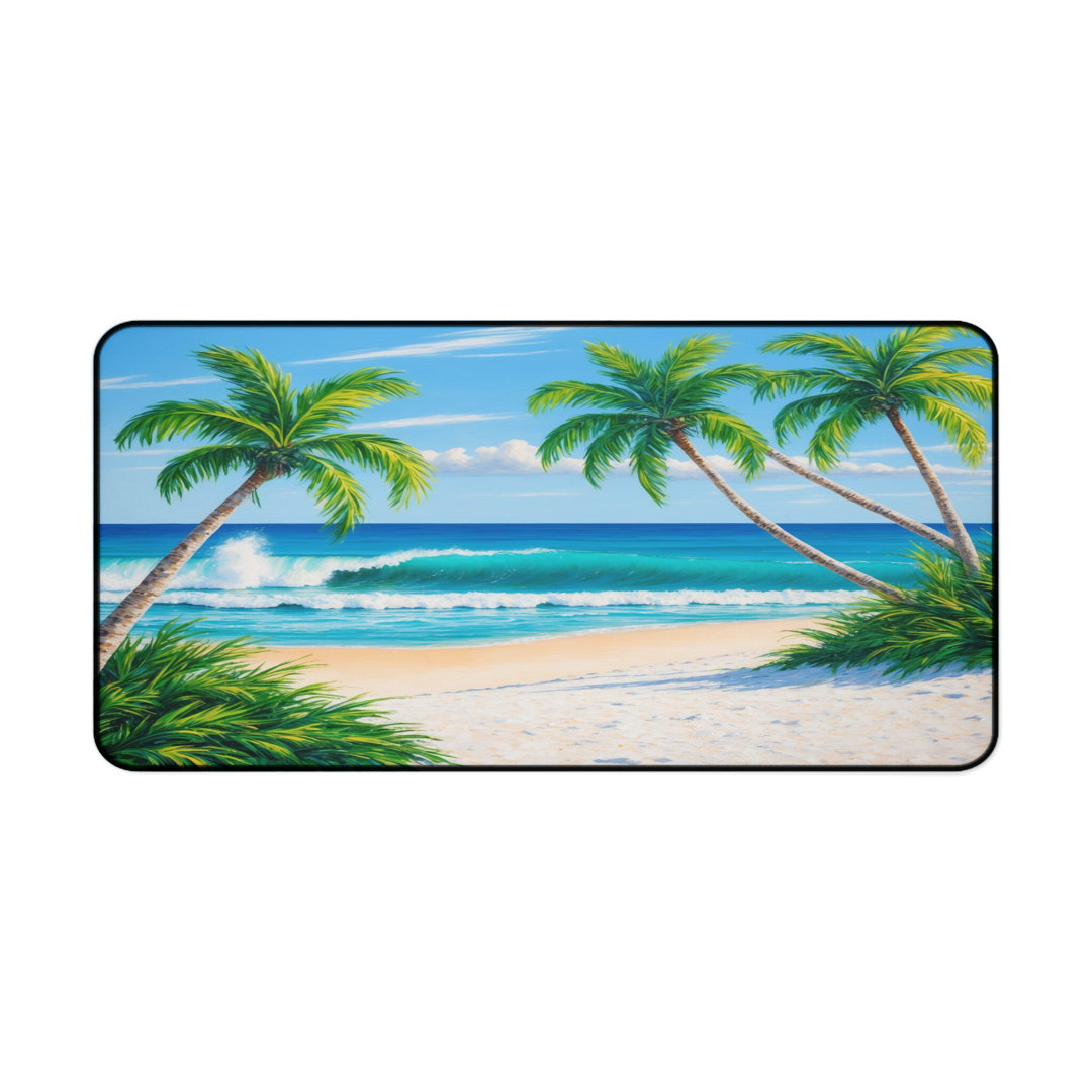 Vibrant Tropical Beach Waves Palm Tree Desk Mat