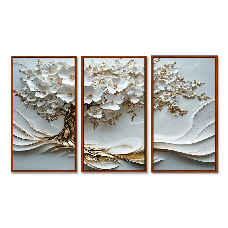 Cerisiers en fleurs blanc doré II - ensemble d'art mural cerisier en fleurs, Métal métal, H 28 po x l 36 po x P 1 po