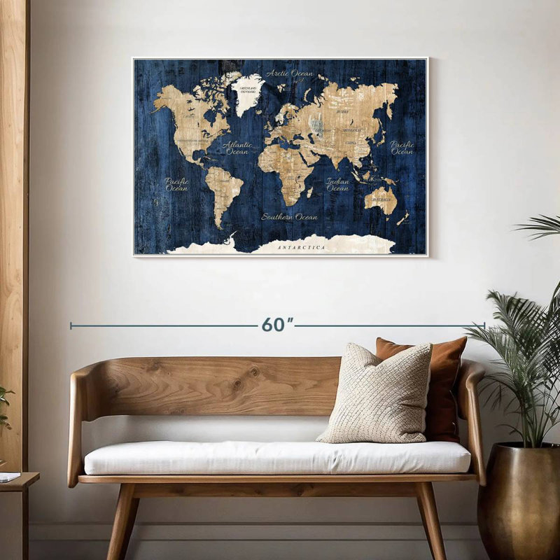 Carte du monde en bois texturé, Cadre flottant blanc, 43 po x 29 po