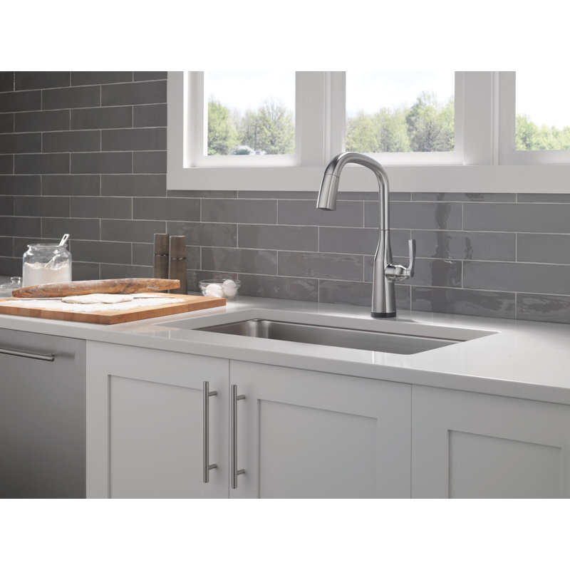 Stryke Pull Down Touchless Single Handle Kitchen Faucet with Delta VoiceIQ Technology and With Accessories, Arctic Stainless