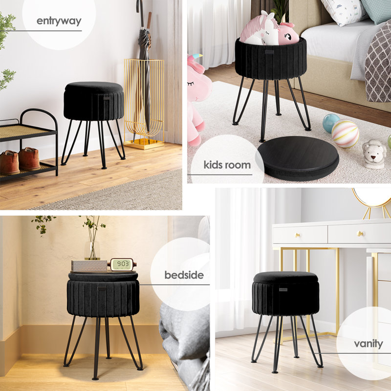 Repose-pieds rond en velours plissé avec rangement, Noir, noir, noir, noir, Noir, noir, noir, noir