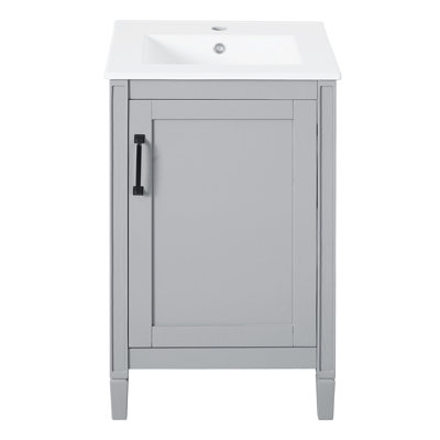 Meuble-lavabo gris de 20 po avec lavabo en céramique, fabrication en bois massif, fonction de fermeture en douceur et étagère réglable en forme de U pour les salles de bain compactes de petite taille, de couleur moderne et fonctionnelle