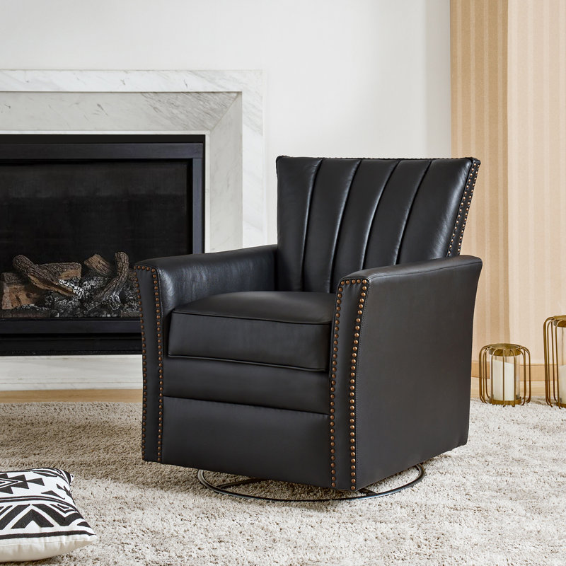 Heilig Genuine Leather Swivel Rocker Armchair, Black Genuine Leather