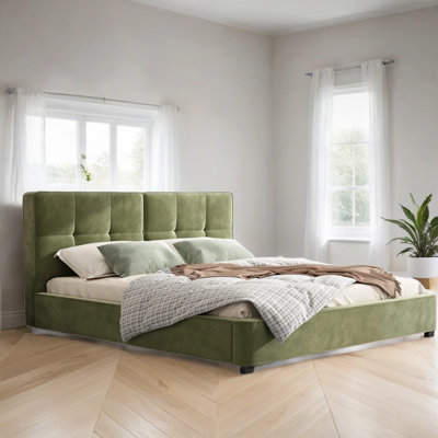Olive Green King Size Velvet Bed Frames, Upholstered Platform Bed with Curved Tufted Headboard, No Box Spring Needed, Modern Upholstered Platform