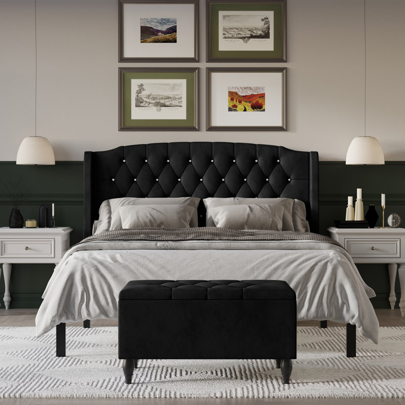 Tyreese Upholstered Bed With Storage Bench, Black, Queen
