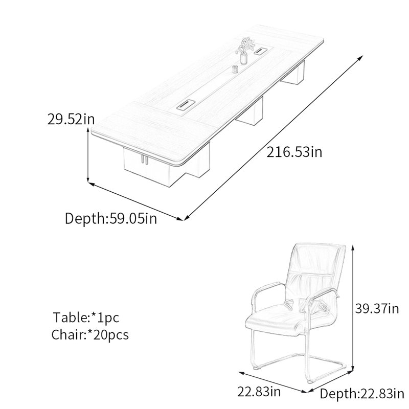 Table de conférence minimaliste avec armoire de rangement, H 29,52 po x L 216,53 po x l 59,05 po, Gris