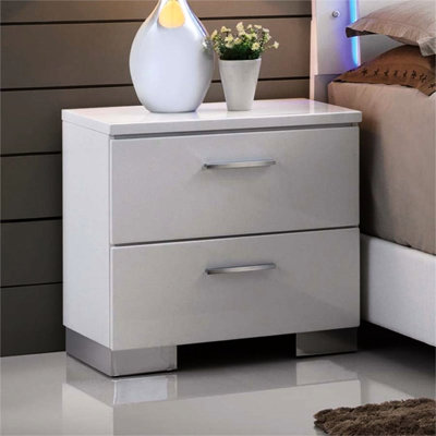 Table de chevet blanche à finition brillante avec 2 tiroirs et pieds pour les pieds de la chambre à coucher, clignotant