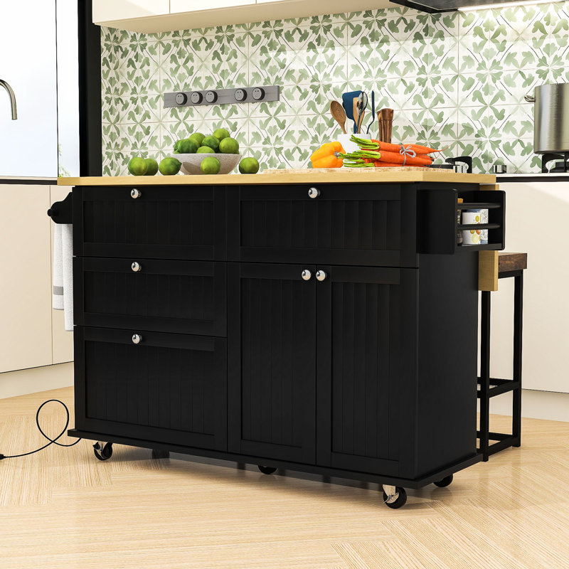 Kitchen Island Set with Drop Leaf, 2 Seating Stools, Storage Drawers and Cabinet, Black