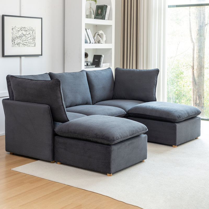 Hepworth Dejohn Corduroy Sectional Sofa With Two Ottomans, 36" H x 95.5" W x 62.5" D, Gray Corduroy