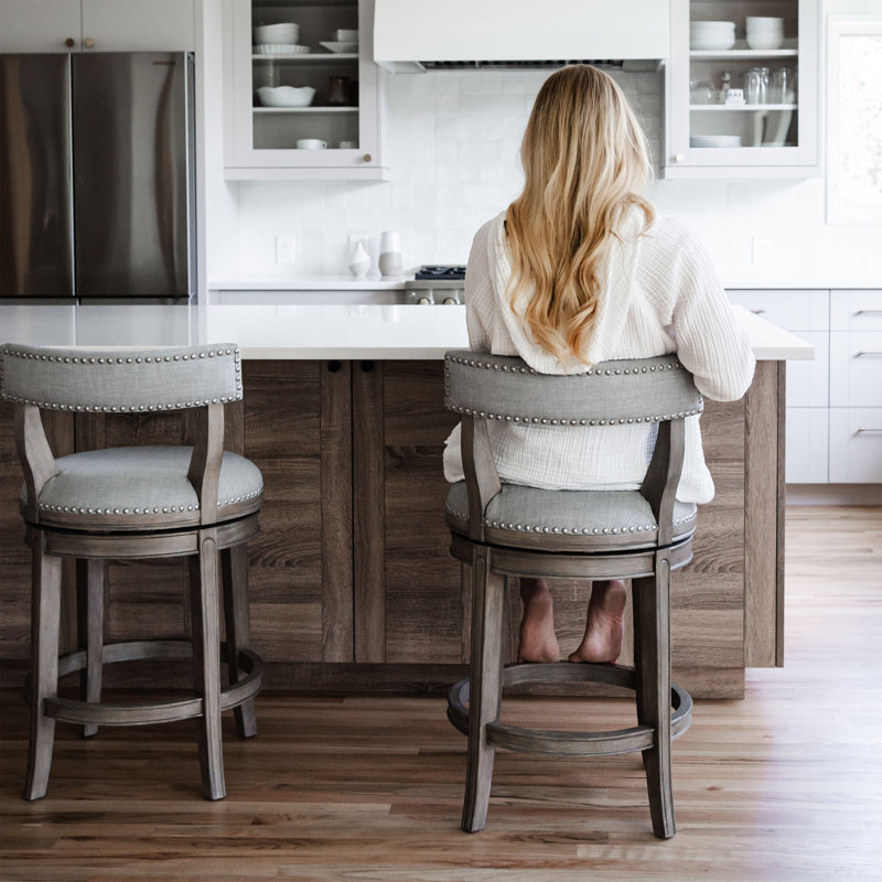Alexander Reclaimed Oak Swivel Bar Stool with Ash Grey Upholstery
