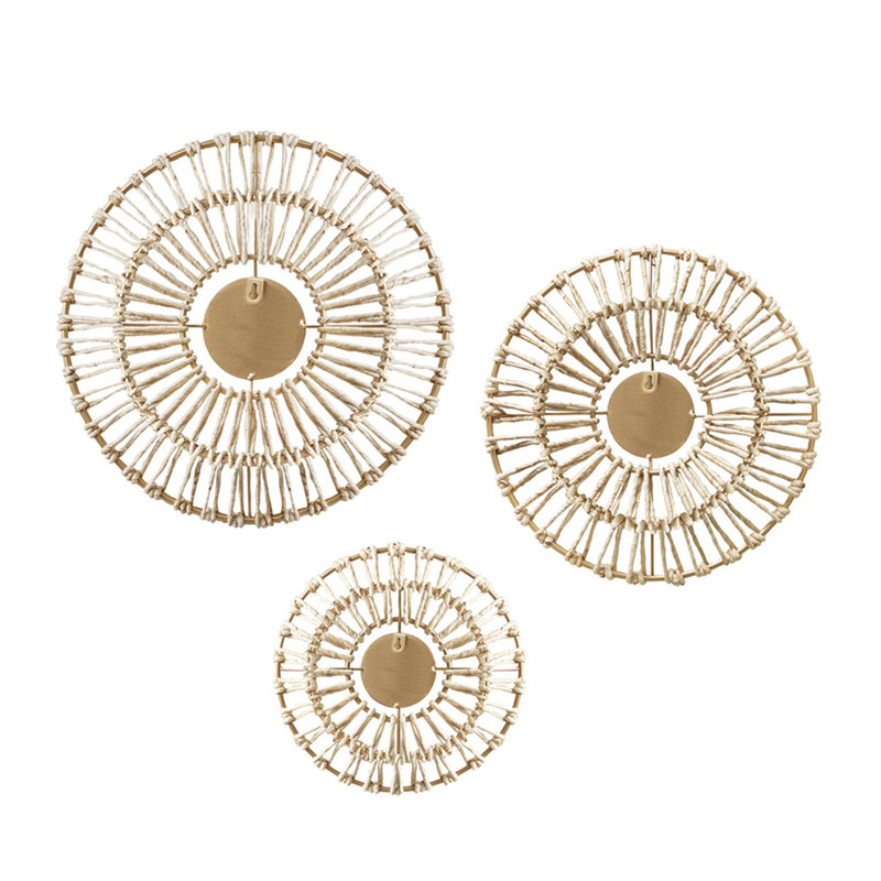 Gold Corn Husk Wrapped Round Decorative Mirror Set