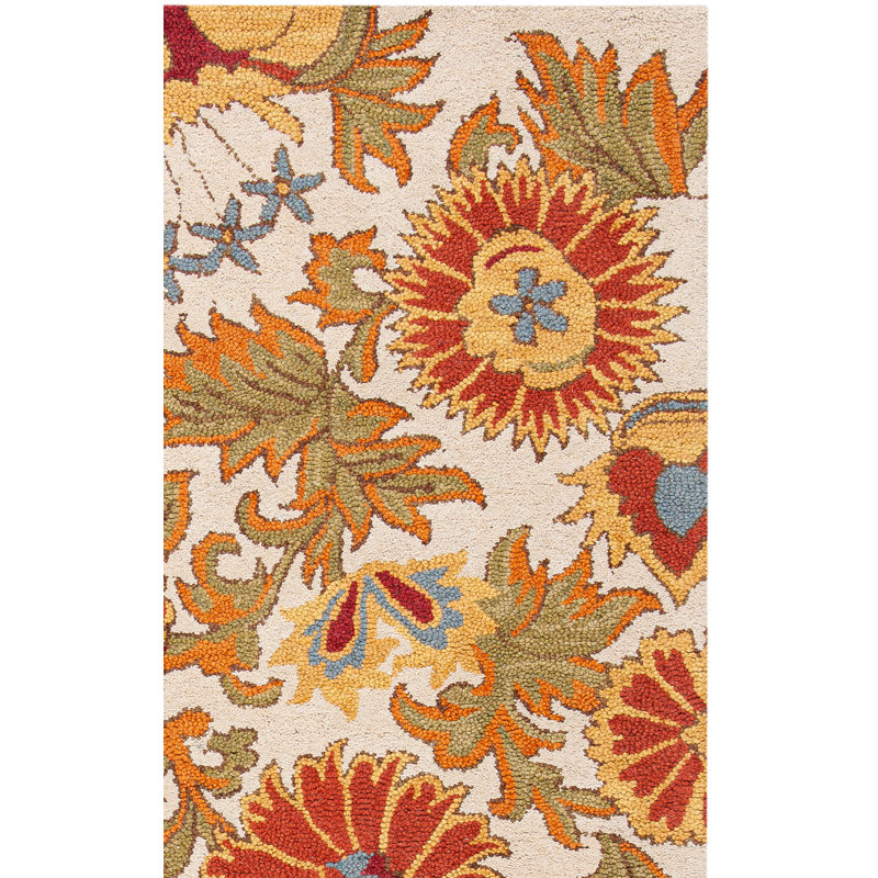 Emrick Blossom Hand Hooked Wool/Cotton/Latex Floral Rug in Ivory, Runner 2'3" x 11'